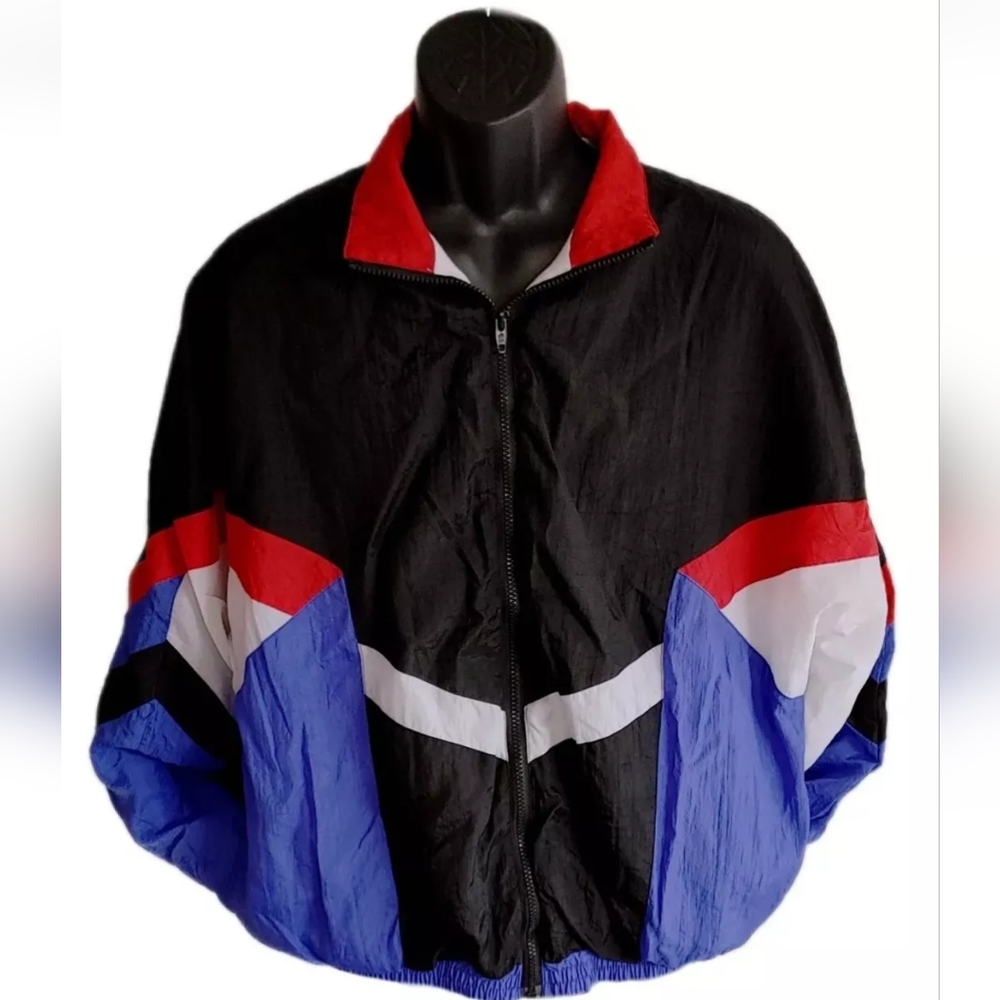 Vtg 80s 90s Black Blue Red Color Block Full Zip Track Jacket Avait Sportif Sz L